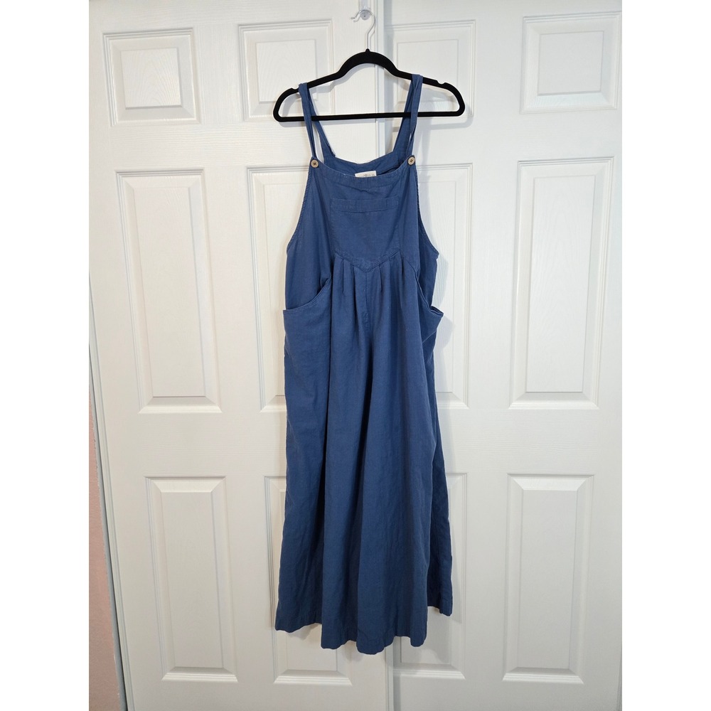 Natural Life Blue Linen Wide Leg Overall Jumpsuit XL Relaxed Boho Bib Pocket